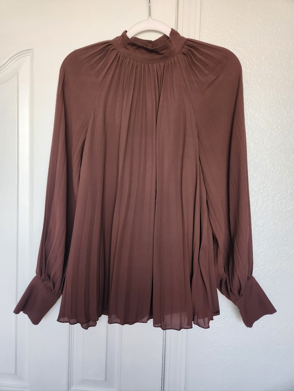 H&M Brown Pleated Long Sleeve Blouse Top Size M